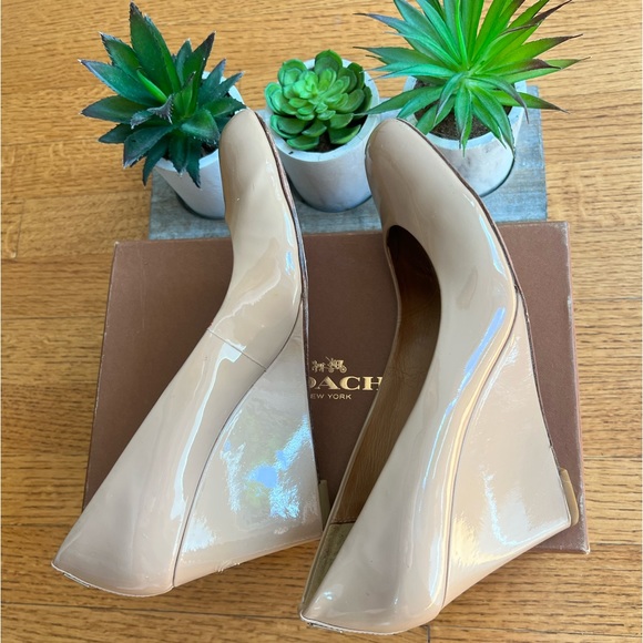 Coach Shoes - COACH BRAND NUDE PATENT LEATHER WEDGE HEELS